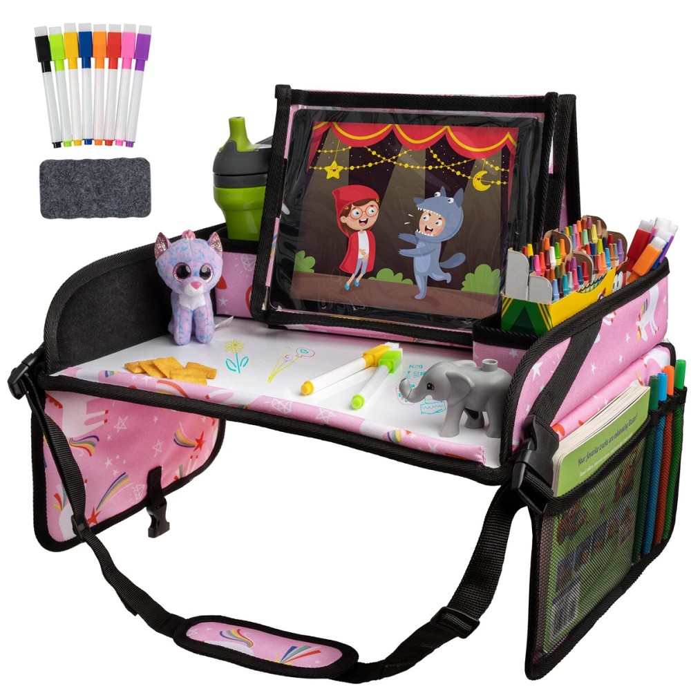 Lusso Gear Travel Car Seat Tray - Dry Erase Board & Secure Tablet Holder for Toddler Travel - Durable 600D Oxford Cloth with Snack & Toy Compartments for Road Trip Essentials for Kids - Pink Unicorn