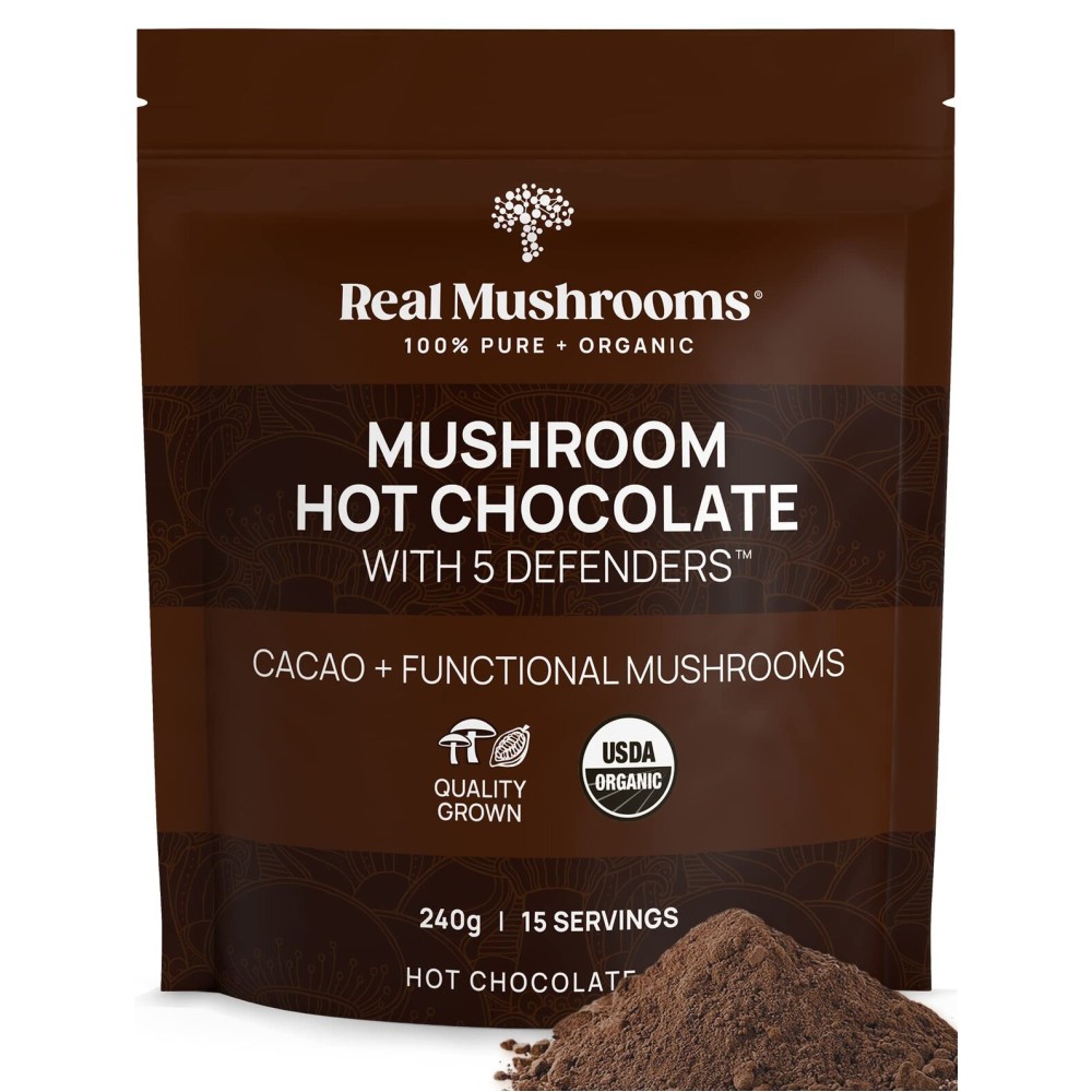 Real Mushrooms Organic Hot Chocolate Mix with Reishi, Turkey Tail, Chaga, Shiitake, Maitake - Cacao Powder Organic Mushroom- 5 Defenders Mushroom Cacao Powder, Vegan, Gluten-Free, 15 Servings