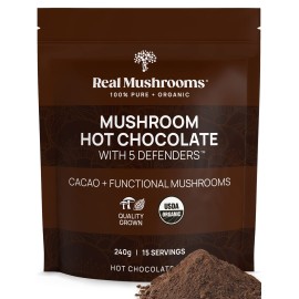 Real Mushrooms Organic Hot Chocolate Mix with Reishi, Turkey Tail, Chaga, Shiitake, Maitake - Cacao Powder Organic Mushroom- 5 Defenders Mushroom Cacao Powder, Vegan, Gluten-Free, 15 Servings