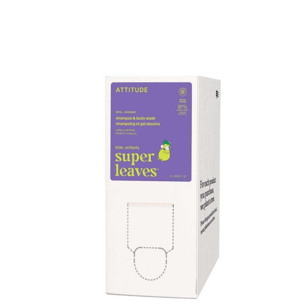 ATTITUDE Shampoo and Body Wash for Kids, EWG Verified Hair and Body Cleanser, Dermatologically Tested Soap, Plant and Mineral Based Bath Products, Vegan, Bulk Refill, Vanilla and Pear, 67.6 Fl Oz