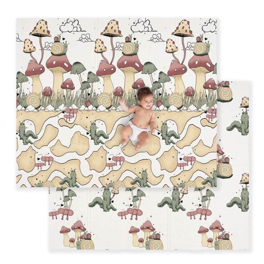 JumpOff Jo Baby Play Mat - Large Folding Foam Play Mat for Infants, Babies, Toddlers, Waterproof, Double-Sided (70 x 59) - Mushroom Garden