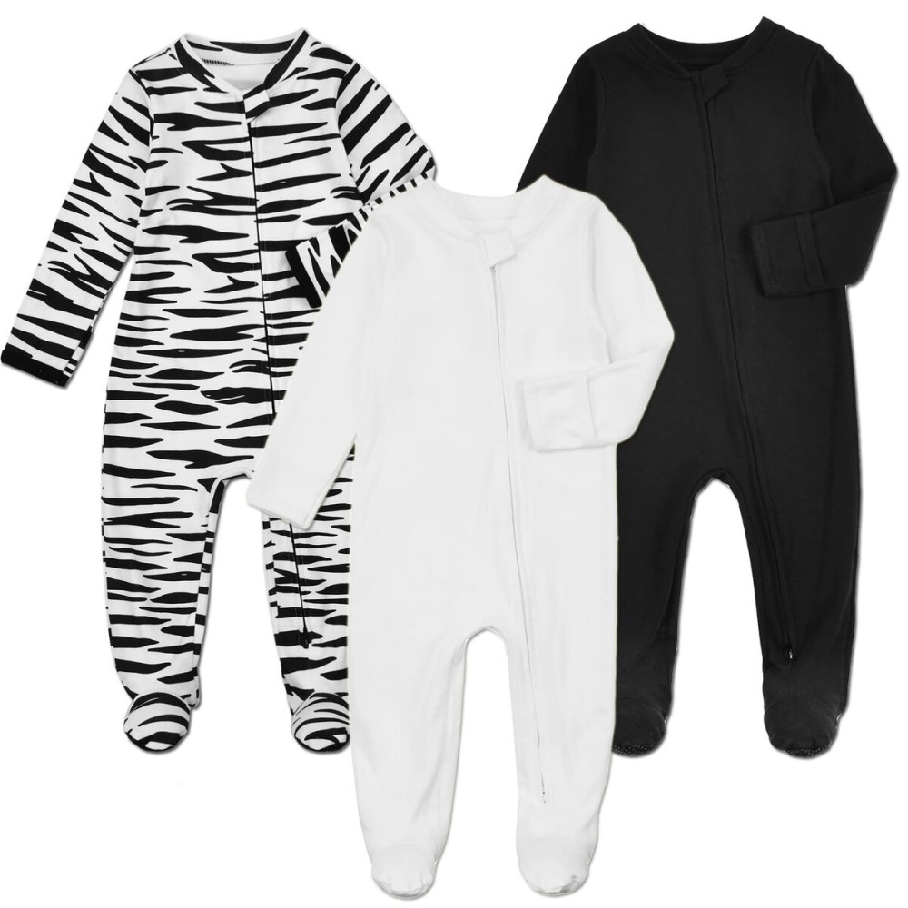 Aablexema Baby Footie Pajamas with Mittens - 3Pcs Infant Footed Sleeper Cotton Sleepwear Outfits(White/Black/Zebra, 6-9M)