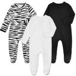 Aablexema Baby Footie Pajamas with Mittens - 3Pcs Infant Footed Sleeper Cotton Sleepwear Outfits(White/Black/Zebra, 9-12M)