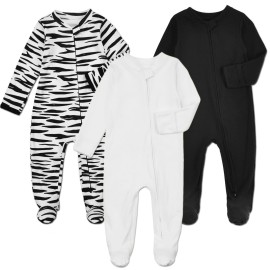 Aablexema Baby Footie Pajamas with Mittens - 3Pcs Infant Footed Sleeper Cotton Sleepwear Outfits(White/Black/Zebra, 9-12M)
