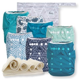 Nora\'s Nursery Cloth Diapers 7 Pack with 7 Inserts & 1 Wet Bag - Waterproof Cover,Washable, Reusable & One Size Adjustable Pocket Diapers for Newborns and Toddlers-Dimensional Blues