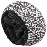 Aquior Shower Cap,Extra Large Triple Layer Bathing Cap with Dry Hair Function for Women Microfiber Terry Cloth Silky Satin 100%% Waterproof Reusable Long Hair Bath Caps (Leopard)