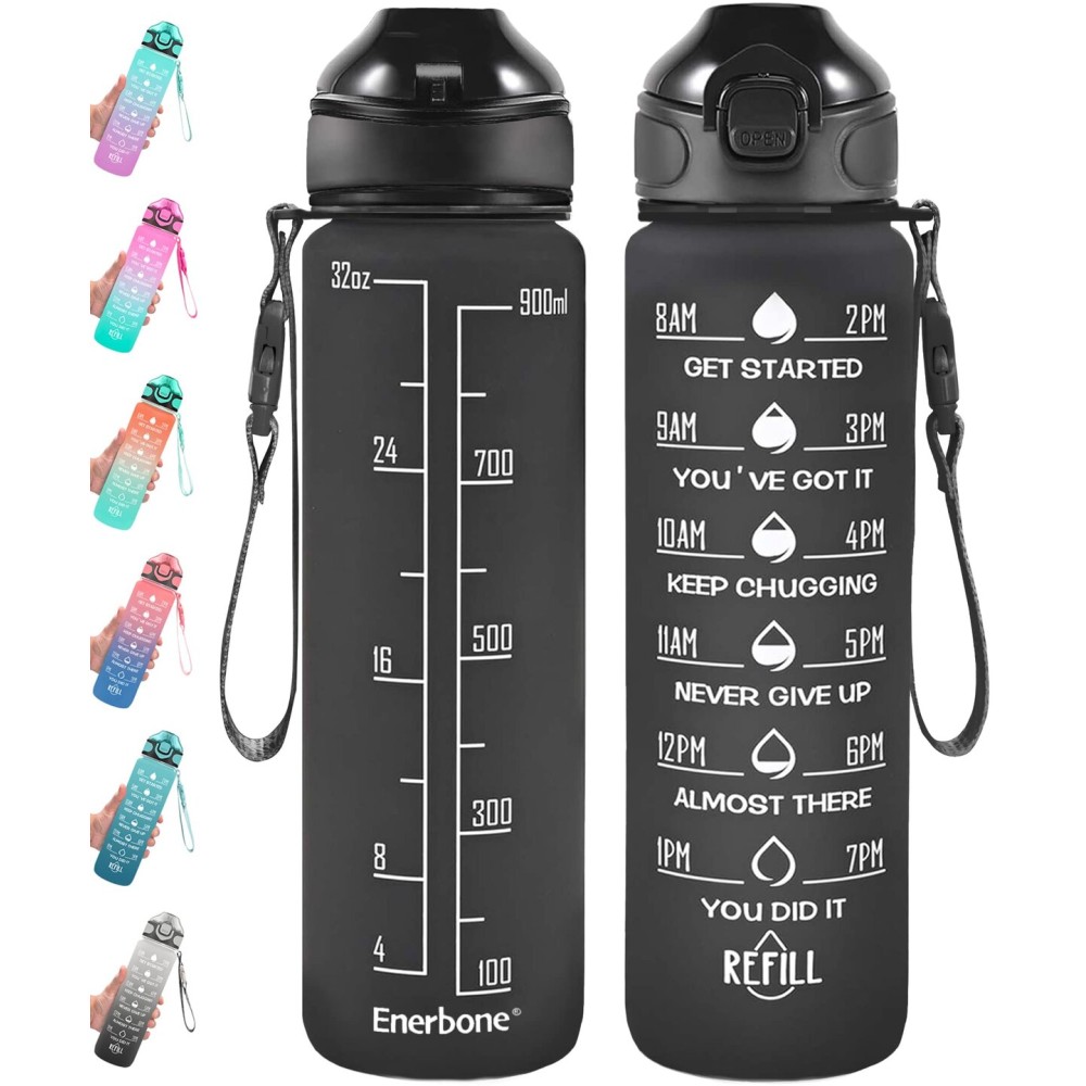Enerbone 32 oz Drinking Water Bottle with Times to Drink and Straw, Motivational with Carrying Strap, Leakproof BPA & Toxic Free, Ensure You Drink Enough Water for Fitness Gym Outdoor