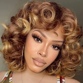 andromeda Short Curly Wigs for Black Women Soft Brown Blonde Big Curly Wig with Bangs Afro Kinky Curls Heat Resistant Daily Synthetic Wig for African American Women (T27)