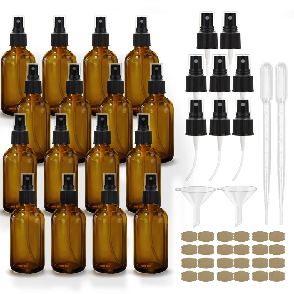 GIVAMEIHF Amber Spray Bottles about 4oz Empty Small Glass Spray Bottle Fine Mist Spray Refillable Containers, Set of 16, Included 24 nozzles, 2 Funnels, 2 Droppers, 24 Labels