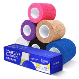 RISEN Cohesive Bandage 2 x 5 Yards, 6 Rolls, Self Adherent Wrap Medical Tape, Adhesive Flexible Breathable First Aid Gauze Ideal for Stretch Athletic