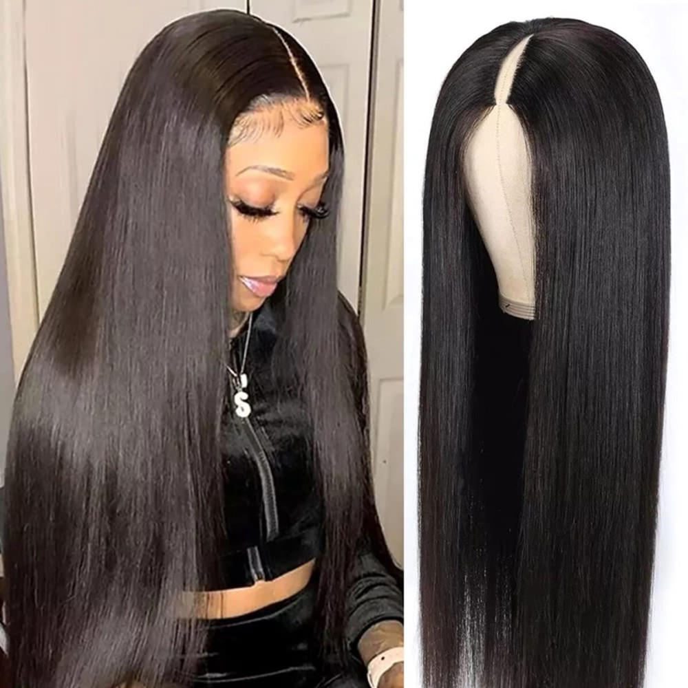 Pobokix V Part Wigs Human Hair Straight Brazilian Human Hair Wigs for Black Women Upgrade U Part Wigs No Leave Out No Sew in NO Glue 180% Density Natural Color (20inch, V Part Straight Wig)