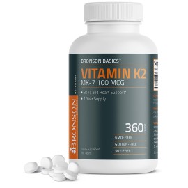 Bronson Vitamin K2 MK-7 100 MCG, K2 as MK7 Menaquinone, Bone Support 1 Year Supply, 360 Tablets