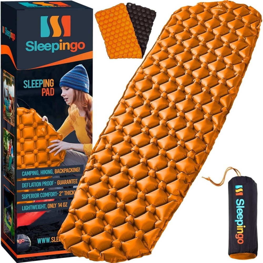Sleepingo Inflatable Mat - Ultralight Sleeping Pad for Camping and Backpacking - Compact Air Mattress - Camp Mat with Tear-Resistant Ripstop Nylon - 73.5 x 21.5 Inches, Black and Orange