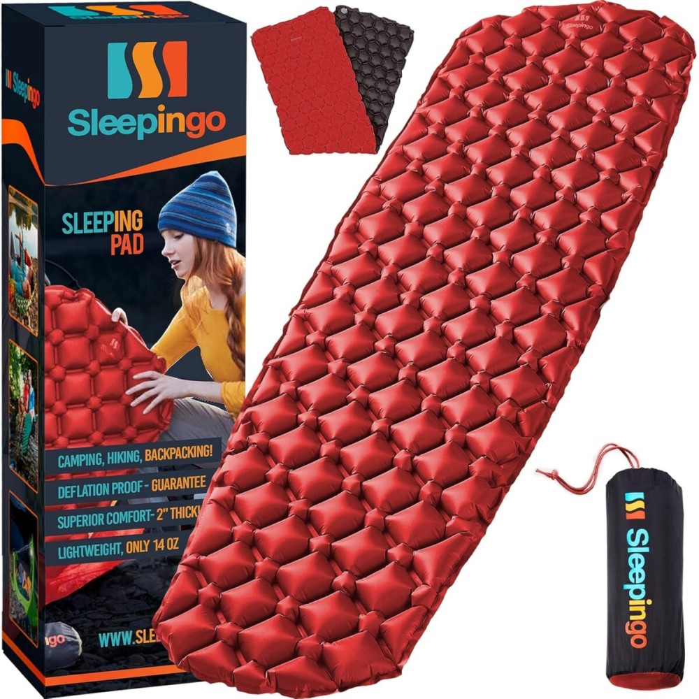 Sleepingo Inflatable Mat for Camping - Ultralight Sleeping Pad for Camping and Backpacking - Compact Air Mattress - Mat with Tear-Resistant Ripstop Nylon - 73.5 x 21.5 - Red and Black