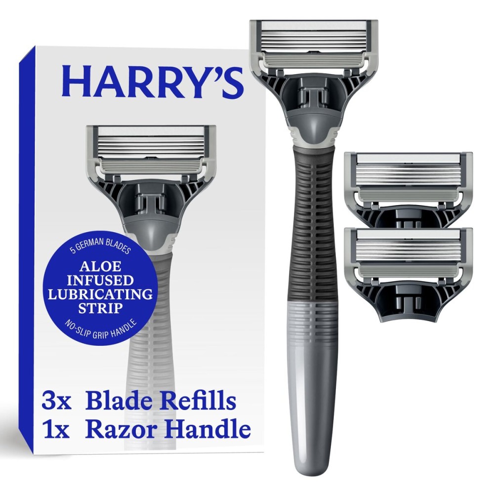 Harry\'s Original Shaving Kit for Men - Razor Handle and 3 Razor Blade Refill Cartridges - German Engineered - Charcoal