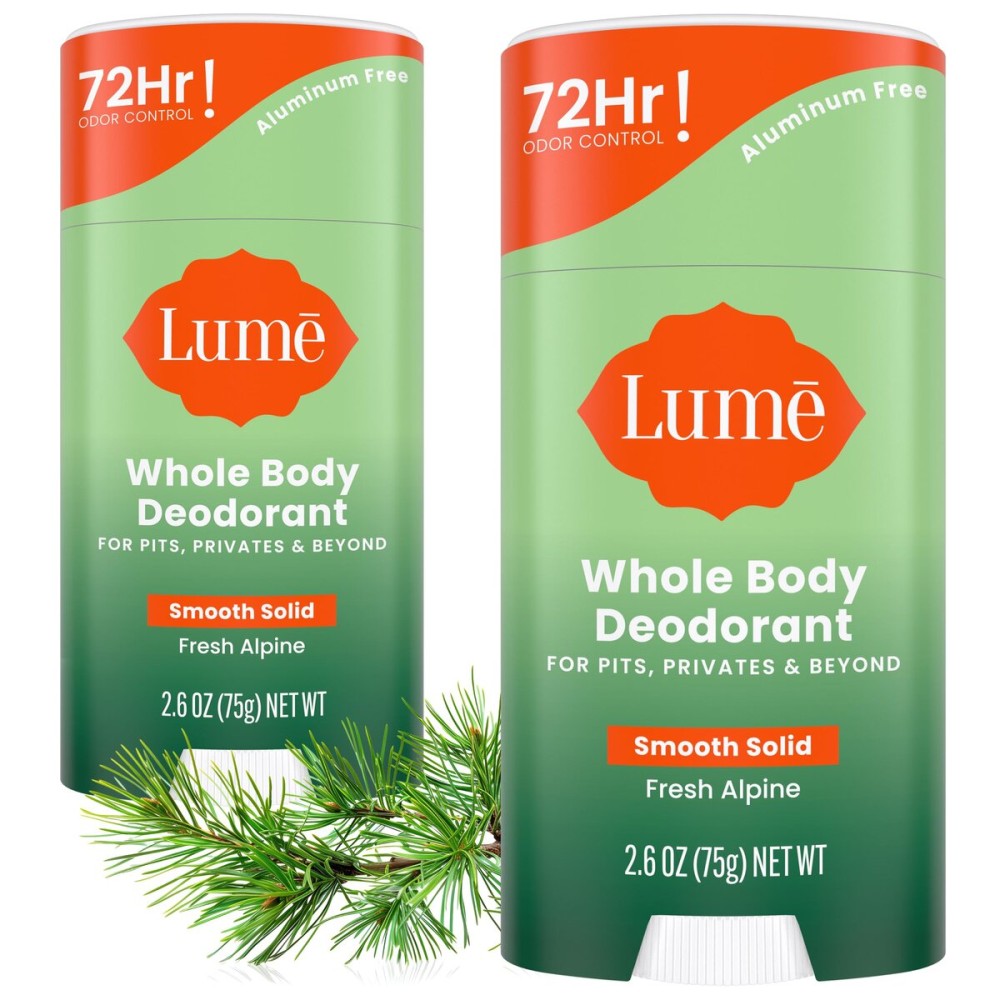 Lume Whole Body Deodorant - Smooth Solid Stick - 72 Hour Odor Control - Doctor Developed - Aluminum Free, Baking Soda Free and Skin Loving - 2.6 Ounce (Pack of 2) (Fresh Alpine)