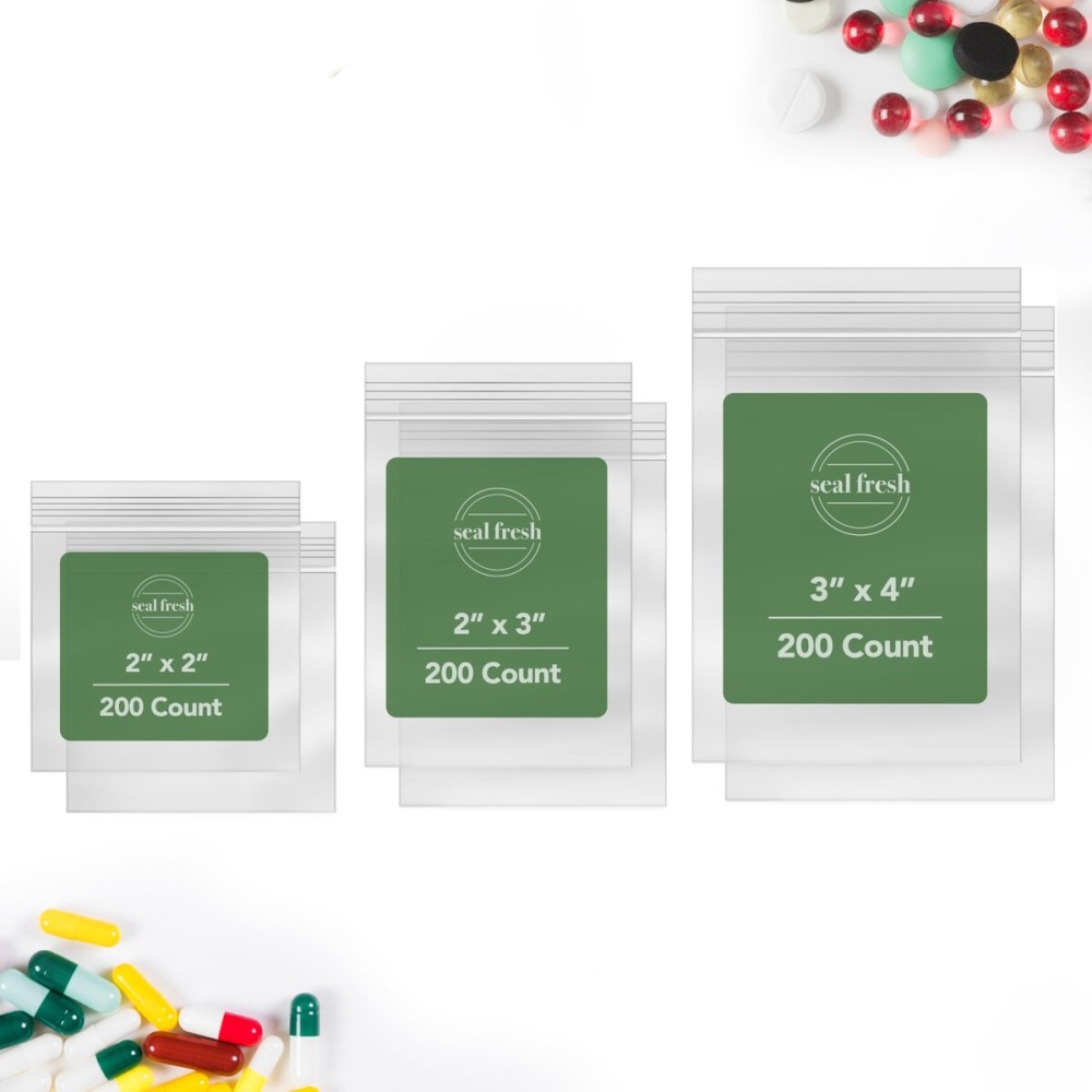Seal Fresh Assorted Resealable Plastic Bags 600 Pack - Clear Reclosable Variety Pack (2 x 2, 2 x 3, 3 x 4 Inch) with Zipper Seal for Jewelry, Beads, Small Parts, Crafts