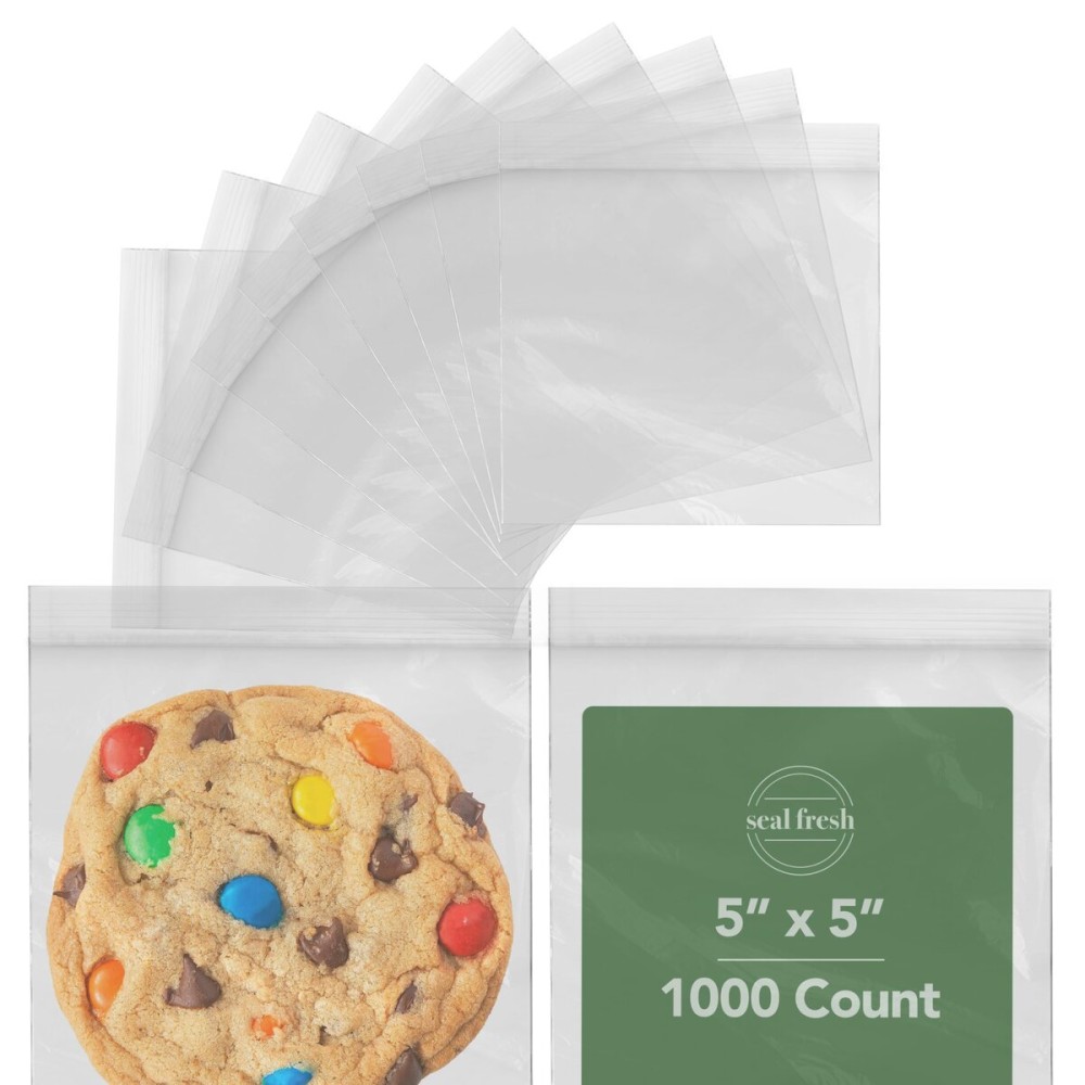 Seal Fresh 5 x 5 Inch Resealable Plastic Bags 1000 Pack - Clear Reclosable Snack Bags with Zipper Seal Top for Treats, Crafts, Small Parts, Storage