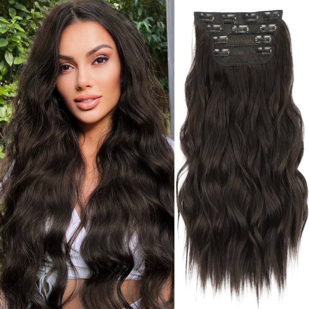 KooKaStyle Clip in Synthetic Hair Extensions Long Wavy 4PCS Thick Hairpieces Dark Brown 6 Fiber Double Weft Natural Hair Extensions 16 Inch for Women