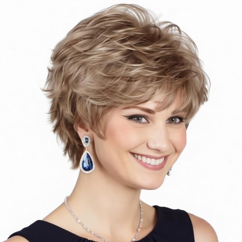 XIUFAXIRUSI XIUFAXIRUSI Short Brown Curly Wigs with Blonde Highlight Brown Pixie cut Wavy Wigs for White Women Layered Synthetic Full Wigs for Daily Party
