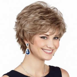 XIUFAXIRUSI XIUFAXIRUSI Short Brown Curly Wigs with Blonde Highlight Brown Pixie cut Wavy Wigs for White Women Layered Synthetic Full Wigs for Daily Party