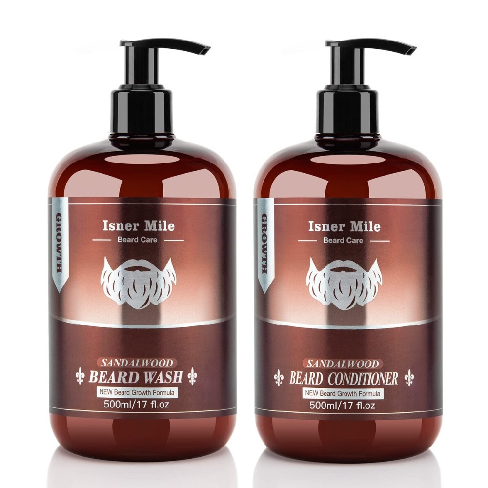 ISNER MILE Beard Wash & Conditioner Set for Men - 17 oz Shampoo with Biotin, Argan & Jojoba Oils for Smooth, Soft, and Strengthened Beard - Sandalwood Scented Grooming Gift