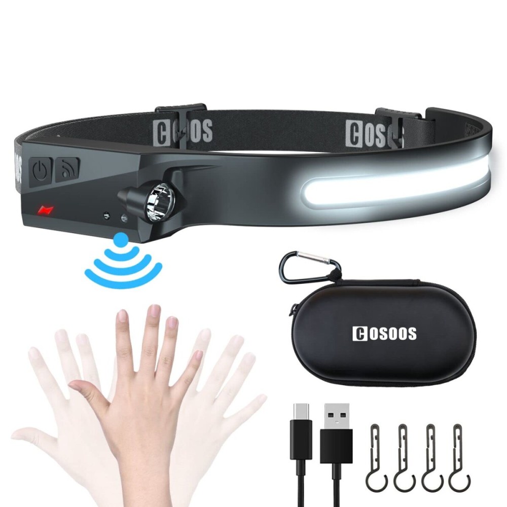 COSOOS LED Headlamp Rechargeable Flashlight & Carry Case, Bright Head Lamp Floodlight & Spot Light, Motion Sensor,2.4oz Lightweight Headlight for Hard Hat, Outdoor Hiking & Camping Gear