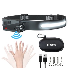 COSOOS LED Headlamp Rechargeable Flashlight & Carry Case, Bright Head Lamp Floodlight & Spot Light, Motion Sensor,2.4oz Lightweight Headlight for Hard Hat, Outdoor Hiking & Camping Gear