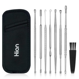 Hion 8 Pcs Ear Wax Removal Kit,Professional Double-Headed Ear Pick Earwax Removal Tools,316L Stainless Steel Ear Cleaner Curette with Cleaning Brush and Storage Box,Suit for Kid Adult(Silver)