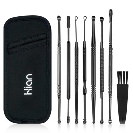 Hion 8 Pcs Ear Wax Removal Kit,Professional Double-Headed Ear Pick Earwax Removal Tools,316L Stainless Steel Ear Cleaner Curette with Cleaning Brush and Storage Box,Suit for Kid Adult(Black)