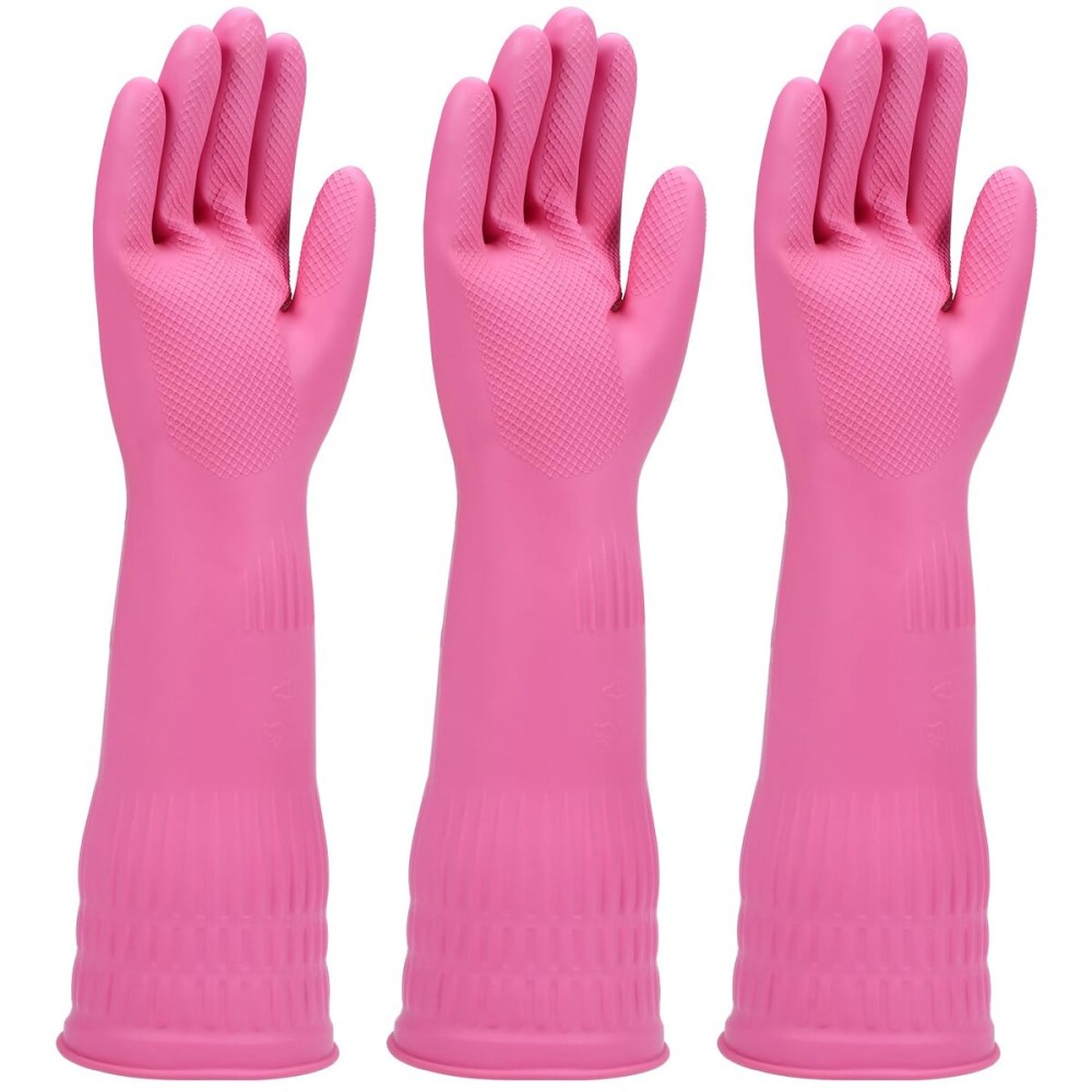 IUCGE Rubber dishwashing gloves 3 Pairs for kitchen,Cleaning washing dish gloves long for household reuseable durable.(Small,Pink)