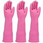 IUCGE Rubber dishwashing gloves 3 Pairs for kitchen,Cleaning washing dish gloves long for household reuseable durable.(Small,Pink)