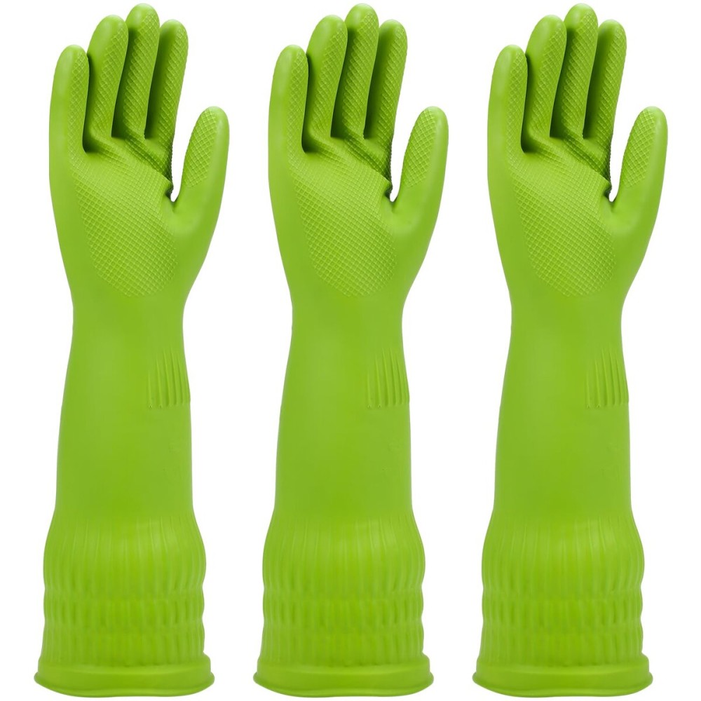 IUCGE Rubber dishwashing gloves 3 Pairs for kitchen,Cleaning washing dish gloves long for household reuseable durable.(Medium,Green)