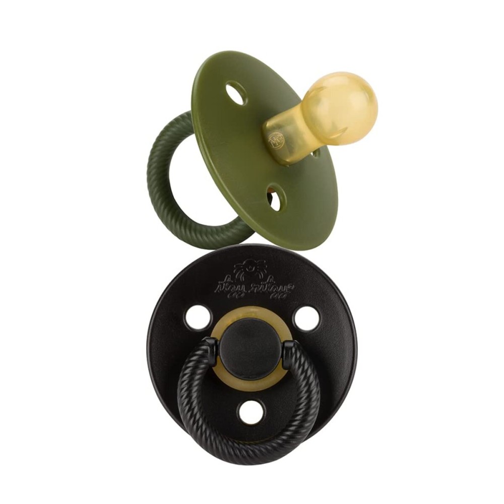 Itzy Ritzy Natural Rubber Newborn Pacifiers (Set of 2) - Baby Pacifiers with Cherry-Shaped Nipple & Large Air Holes for Added Safety; Set of 2 Binkies in Camo & Midnight (Ages 0 - 6 Months)