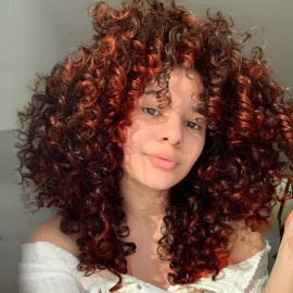 YEAME Curly Wigs for Black Women - Orange Brown Mixed Synthetic Afro Curly Wigs with Bangs, 15 Length, Heat Resistant, 21.75 Cap Size