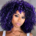 YEAME Curly Wigs for Black Women - Purple Mixed Blue Synthetic Afro Curly Wigs with Bangs, 15 Length, 21.5-22 Cap Size