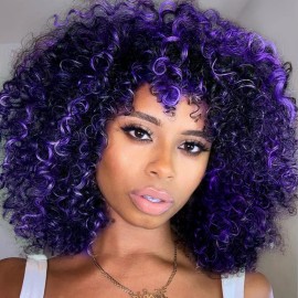 YEAME Curly Wigs for Black Women - Purple Mixed Blue Synthetic Afro Curly Wigs with Bangs, 15 Length, 21.5-22 Cap Size