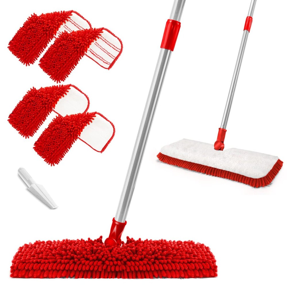 MASTERTOP Microfiber Mop for Floor Cleaning, Hardwood Dust Mop, Wet Mopping with 4 Washable Replacement Mop Pads, Floor Mops for Cleaning with 1 Scraper- White & Red