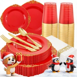 Morejoy 175PCS Red Plastic Plates,Red Disposable Plates With Gold Rim,Red and Gold Plastic Dinnerware Set Includes: 50 Plates,25 Silverware Sets,25 Cups,25 Napkins,Perfect for Party,Wedding,Christmas