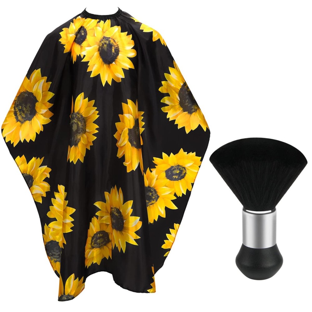 FEBSNOW Barber Cape Waterproof Professional Hair Cutting Cape Neck Duster Brush for Haircut Black Sunflower Salon Beard Hairdressing Kits 46.8  56 Inches