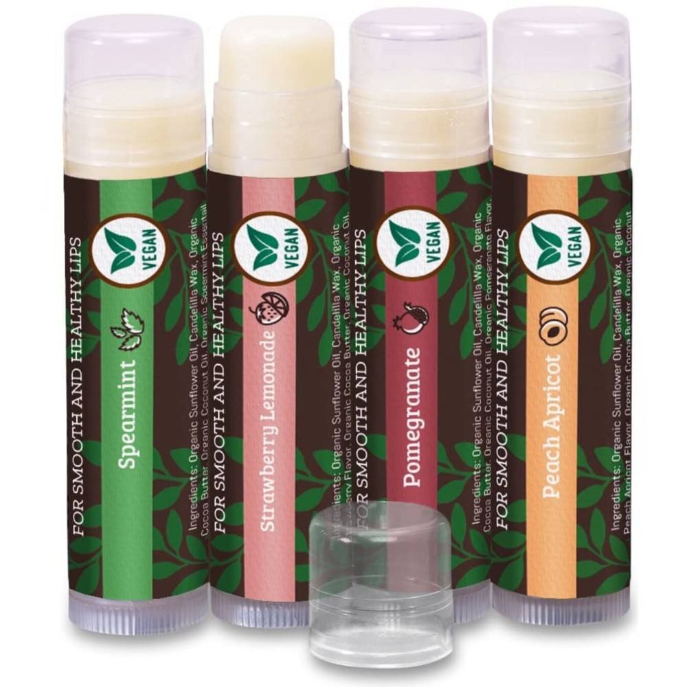 Earth\'s Daughter Vegan Lip Balm Stocking Stuffers 4-pack, Beeswax Free Lip Balm, Natural, Organic Flavors - Assorted Flavors, Plant Based Vegan Chapstick, Moisturizer