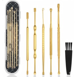 Hion 6 Pcs Extended Ear Wax Removal Kit,Professional Double-Headed Ear Pick Earwax Removal Tools,316L Stainless Steel Ear Cleaner Curette with Cleaning Brush and Storage Box,Suit for Kid Adult(Gold)