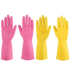 IUCGE Rubber Gloves, 4 Pairs, Small (Pack of 4), Pink+Yellow, Unisex