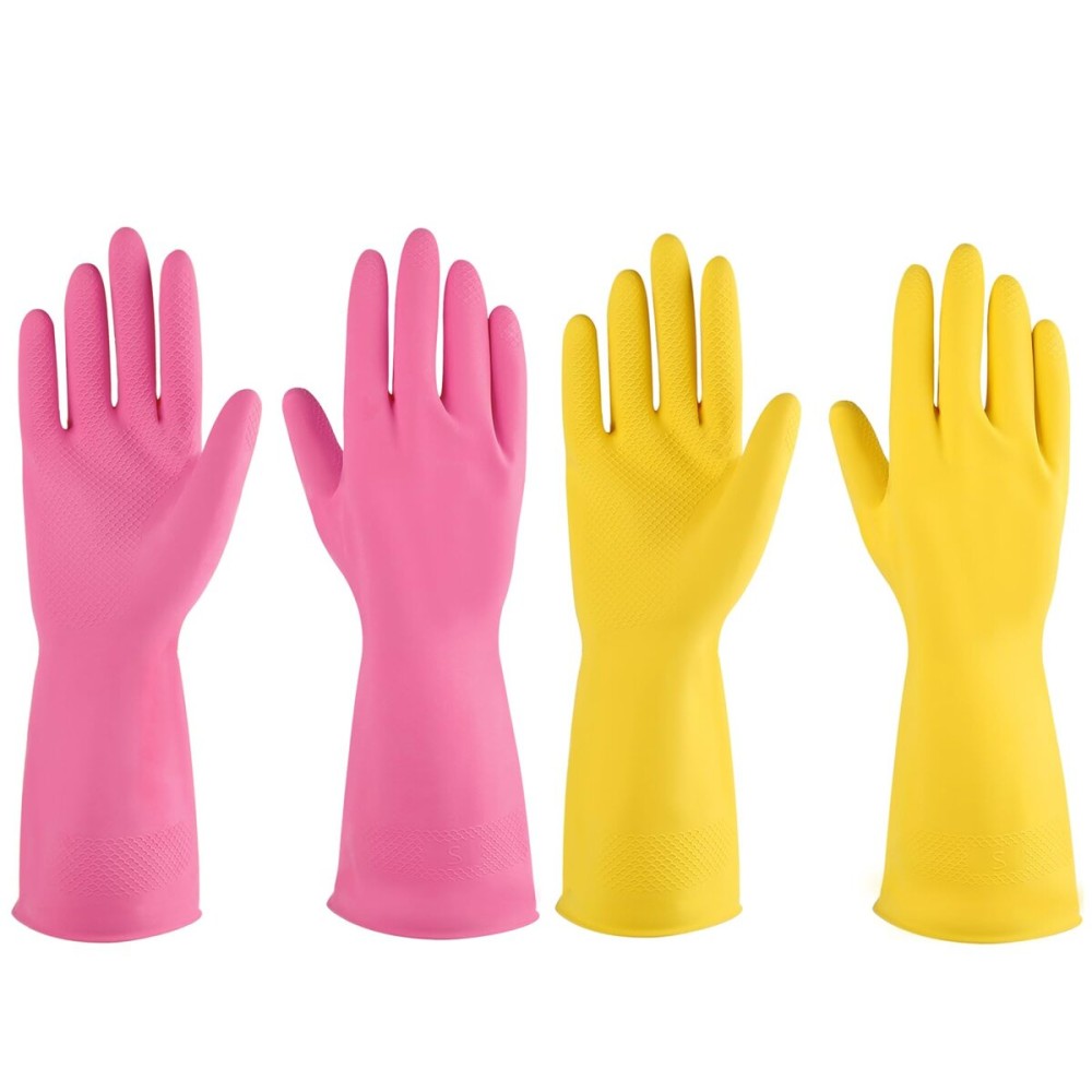 IUCGE Rubber gloves dishwashing 4 Pairs for Kitchen,Cleaning gloves for household Reuseable.(Medium,Pink+Yellow)