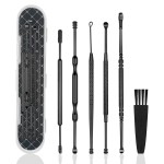 Hion 6 Pcs Ear Wax Removal Kit,Professional Double-Headed Ear Pick Earwax Removal Tools,316L Stainless Steel Ear Cleaner Curette with Cleaning Brush and Storage Box,Suit for Kid Adult(Black)