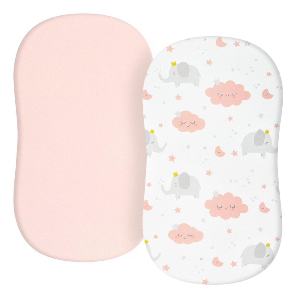 TILLYOU Baby Bassinet Sheets for Girls Boys, Fit for Hourglass Oval Rectangle Bassinet Mattress Sheets, 33X16, 2 Pack Elephant & Cloud Pink