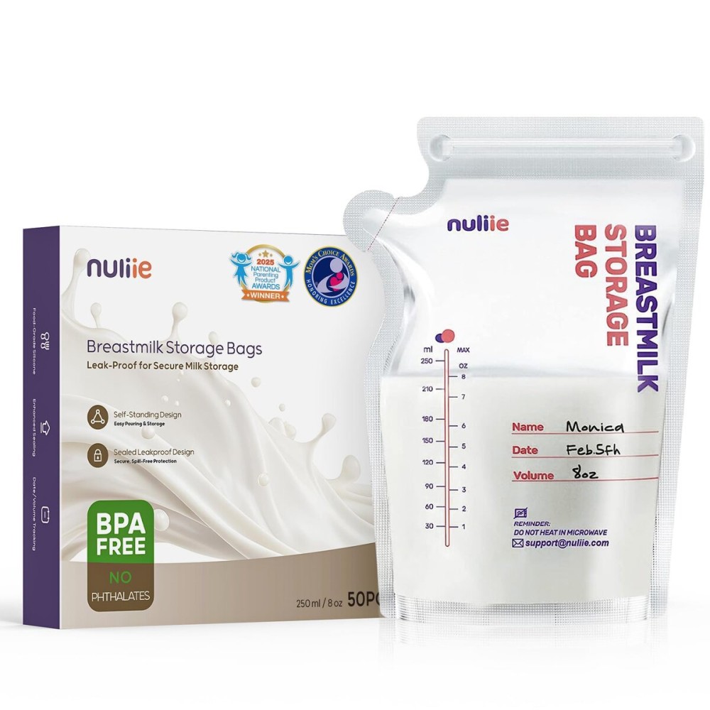Nuliie 50 Pcs Breastmilk Storage Bags, 8 OZ Breast Milk Storing Bags, BPA-Free, Milk Storage Bags with Pour Spout for Breastfeeding, Self-Standing Bag, Space Saving Flat Profile