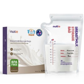 Nuliie 50 Pcs Breastmilk Storage Bags, 8 OZ Breast Milk Storing Bags, BPA-Free, Milk Storage Bags with Pour Spout for Breastfeeding, Self-Standing Bag, Space Saving Flat Profile