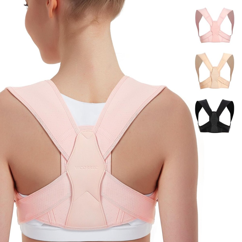 Vicorrect Posture Corrector for Women and Men, Adjustable Upper Back Brace for Clavicle Support and Providing Pain Relief from Neck, Shoulder, and Upper Back (Pink, Large/XLarge)
