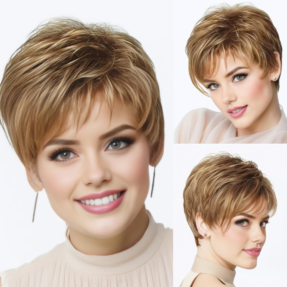 XIUFAXIRUSI XIUFAXIRUSI Short Layered Blonde Pixie Wigs for Women Mixed Brown Pixie Cut Wigs with Bangs Natural Looking Synthetic Hair Replacement Wig